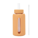 Insulated borosilicate glass cup with straw lid and silicone sleeve