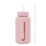Insulated borosilicate glass cup with straw lid and silicone sleeve